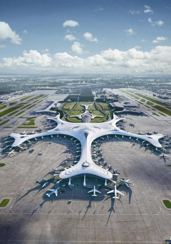 "冰城"哈尔滨搭建拥有未来感的雪花造型飞机场