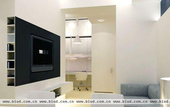 白、灰、黑，干净的中性色调，铺陈明快悠扬的气韵。电视墙侧面镂空做出CD收纳空间，造型简洁。