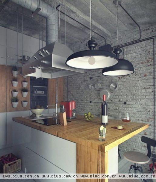 贯穿一个明显的工业风格的客厅和厨房区，提取以上的大风扇在一个现代化的厨房岛若隐若现的裸露的电线和管道，和熟悉的黑色和黄色的标志，通常是建筑工地上看到的条状。 