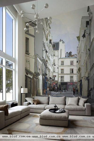 超帅气的城市壁画，给家居增添了一份现代感，黑白的色调更是为这种现代感提升了一个档次。