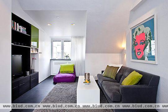客厅里的家具既时尚而又实用。其中色彩的搭配最有视觉效果，白色矮桌、青褐色的长沙发和电视墙、黄绿色以及茶色的抱枕、深紫色的小软椅、淡灰色的地毯把整个客厅装饰得充满青春活力。