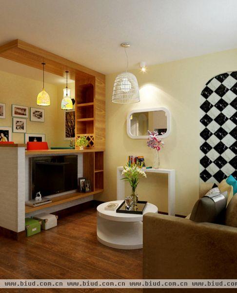 精致的客厅设计，个性的圆形茶几，那边巧妙的设计一个吧台。