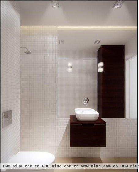 浴室，卫生洁具和存储漂浮起来，从而为地面创造出额外空间的错觉。 