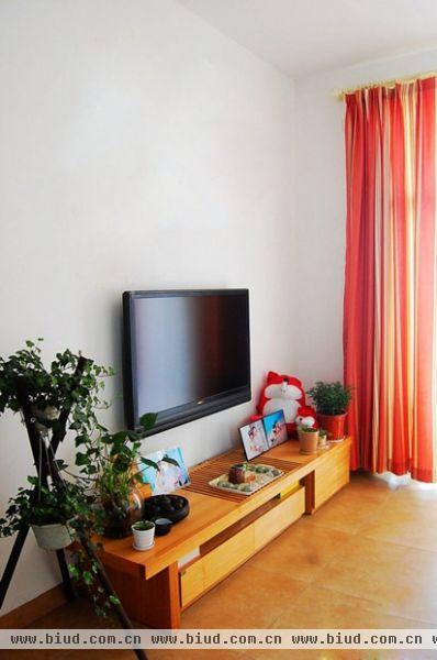 客厅电视墙。 简简单单的电视柜，绿植点缀