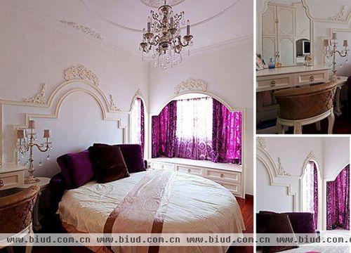 浪漫的紫色，舒适的圆床，田园味十足的碎花装饰，让卧室里充满了温馨浪漫。