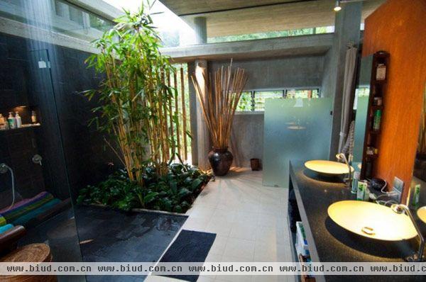 浴室内种植着植物，处处体现着泰国热带风情。