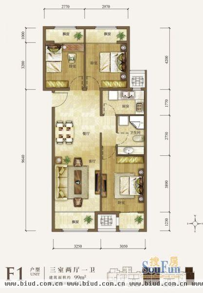 龙山华府-三居室-99平米-装修设计