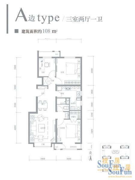 京投万科新里程-三居室-108平米-装修设计
