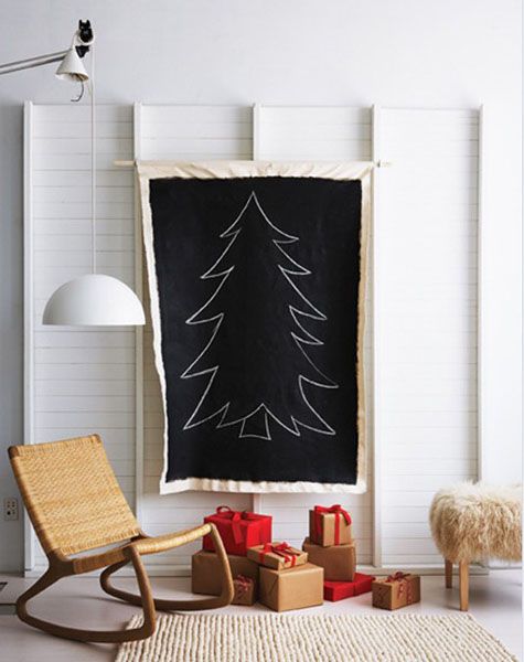 将圣诞树绘制在一张布帘上，也是不错的选择呢!以黑色为底，米色描边，即便是简单的布帘也因为配色而出彩。再将圣诞树绘制其上，用以装饰空间，简单利落，又不失节日气氛。