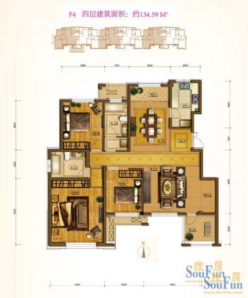 鲁能7号院-三居室-134.59平米-普通住宅装修设计