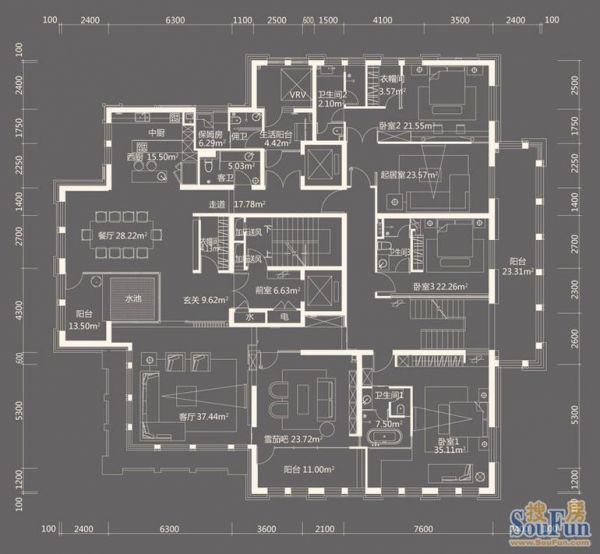中粮祥云国际生活区-六居室-843.9平米-装修设计