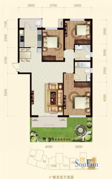 龙山广场-三居室-127平米-装修设计