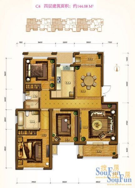 鲁能7号院-三居室-144.08平米-装修设计