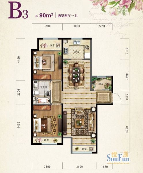保利·罗兰香谷-三居室-90平米-装修设计
