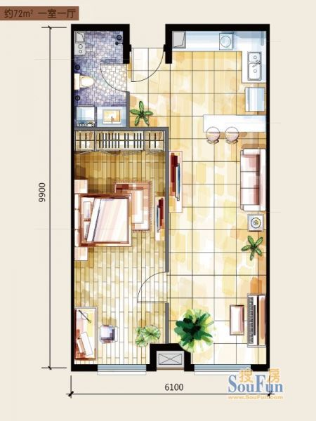 天鹅湖HOLI公馆-一居室-72平米-装修设计