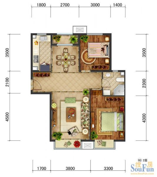 东亚马赛公馆-二居室-94.7平米-装修设计