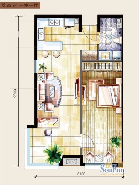 天鹅湖HOLI公馆-一居室-83平米-装修设计