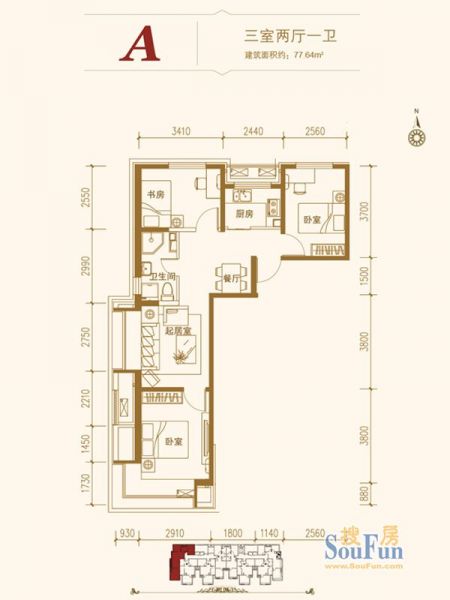 东亚·印象台湖-三居室-77.64平米-装修设计