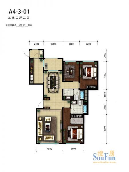 天润福熙大道-三居室-157.62平米-装修设计