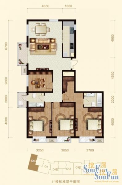 龙山广场-四居室-164平米-装修设计