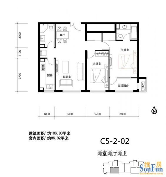 天润福熙大道-二居室-106.9平米-装修设计