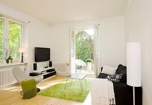 这只是一套位于瑞典首都斯德哥尔摩的公寓，小区内青山绿水，环境十分优雅。公寓依旧沿袭北欧现代设计的精髓：原木色实木地板，全白色墙面，造型简洁的家具…公寓包括一个客厅、一个餐厅、一厨房、两卧室、一卫生间。客厅中央一块绿色的地毯与室外绿色植物相映成趣，十分巧妙，在白色之间一抹绿色的点缀显得格外的生机。整套公寓还有一个明显的特点，墙上只出现一幅装饰画，这似乎与传统瑞典现代室内设计风格背道而驰，其实不然，窗外那么美丽的风景使得窗子就是一个天然的画框，甚至主人舍不得挂上窗帘而掩盖了这美丽的春天画卷~