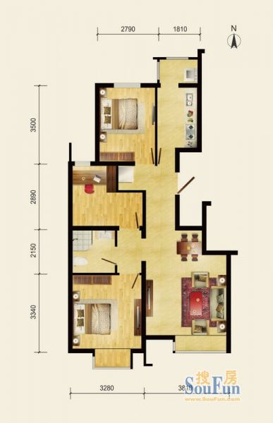 润枫领尚-三居室-88.74平米-装修设计