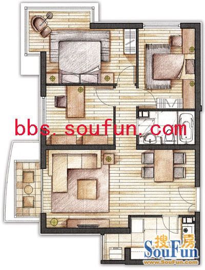 朗琴园-三居室-105.39平米-装修设计