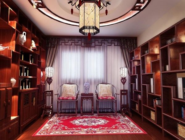 设计师张芝萍作品。设计师将中式风格融入了后现代手法，把传统文化、设计艺术、时尚动感和家居因素完美统一，形成了一种民族特色的现代感。为了中式风格的客厅具有内蕴的风格，在这里用到中式的沙发，但颜色仍然体现着中式的古朴，中式风格这种表现使整个空间，传统中透着现代，现代中揉着古典。