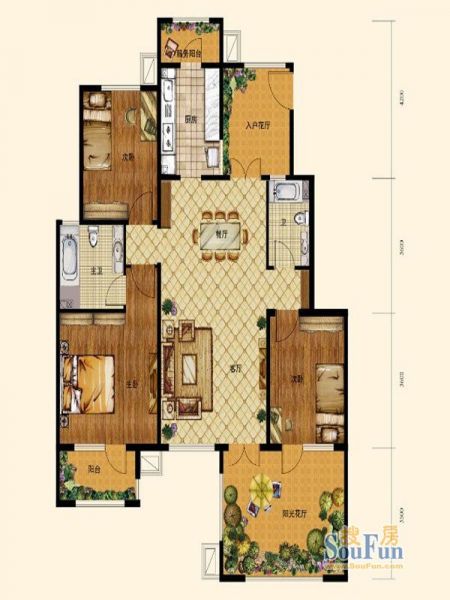 鸿坤罗纳河谷果岭墅-三居室-132平米-装修设计