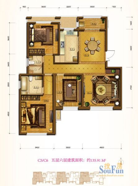鲁能7号院-三居室-135.91平米-装修设计