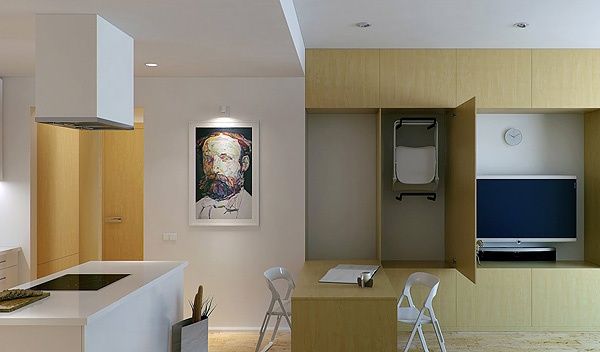 这个小公寓的室内设计大多只有使用轻木和白色油漆，十分简约。这种设计组合，营造出一种简朴无华感。