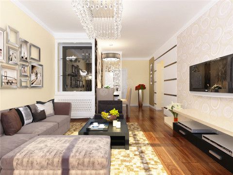 本户型为金隅悦城两室两厅 一厨一卫86㎡的房子。客厅区域采用的是现代感较强的拐角沙发，沙发的靠垫采用的是现代感较强的材质。沙发背景采用的是照片墙的形式。