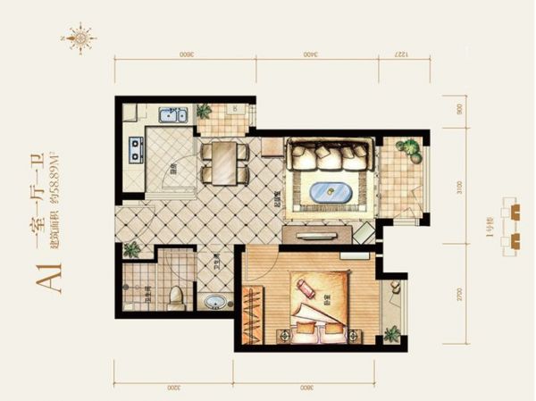 绿宸万华城-一居室-58.89平米-装修设计