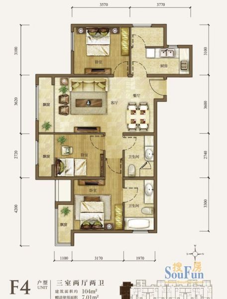 龙山华府-三居室-104平米-装修设计