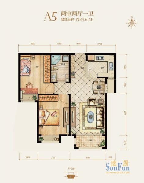 绿宸万华城-二居室-84.61平米-装修设计