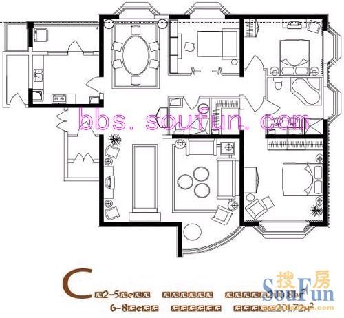 通用时代国际公寓-三居室-200.8平米-装修设计