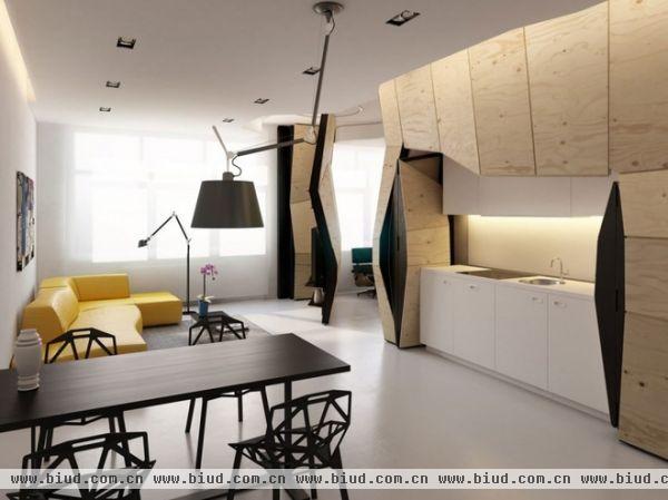 这个像变压器的公寓是由俄罗斯设计师操刀设计，公寓只有60平米，但通过仓库式收纳方式，最大化地利用了有限的空间。公寓分为纵向通过雕塑结构,它还定义了边界的空间。
