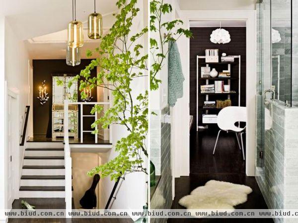 以深色檀木地板、刷白墙面，黑白两色为主体，搭配线条简约的木质家具。