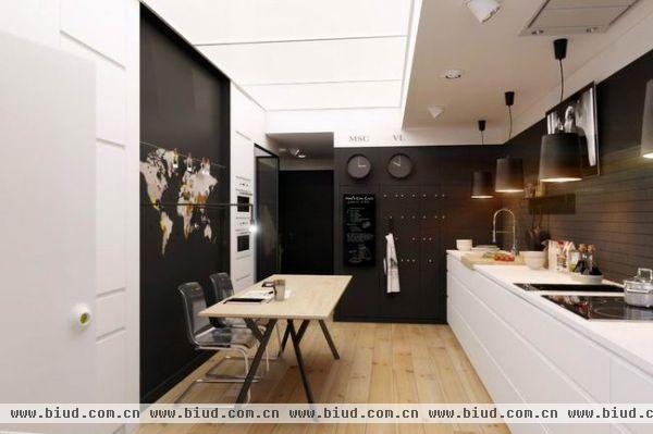 公寓面积为50平米，是一位单身男青年的住所，设计师让色彩的对比成为整个空间的亮点。