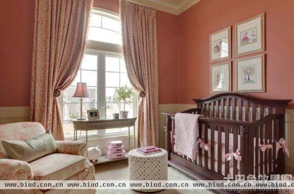 欧式别墅婴儿房粉色窗帘效果图片