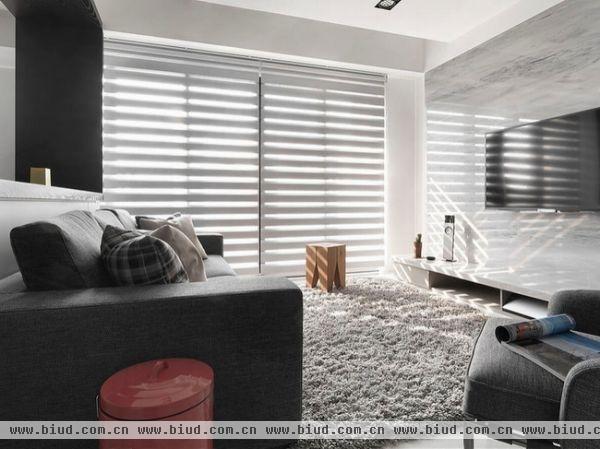 客厅在色调运用上，以黑、灰、白为基础色调，用色浅淡，重色在局部强调。