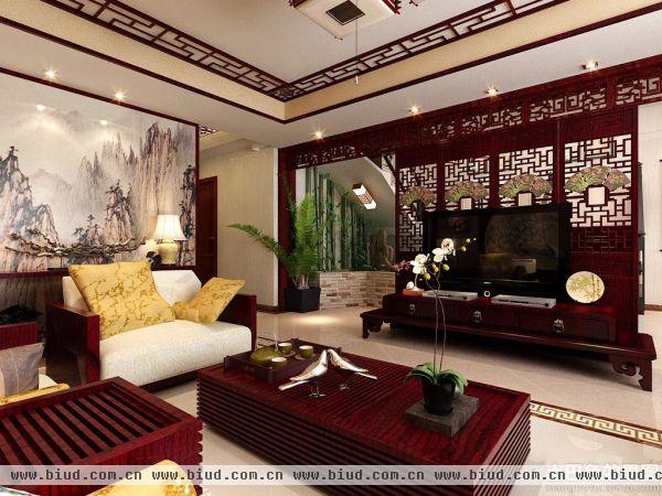 中式二层别墅客厅装饰效果图