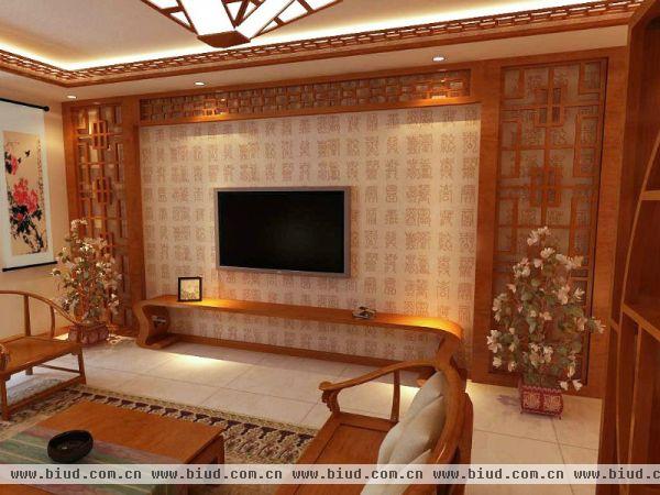中式风格室内客厅电视背景墙装修效果图