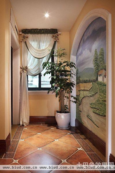 美式风格走廊手绘墙画效果图