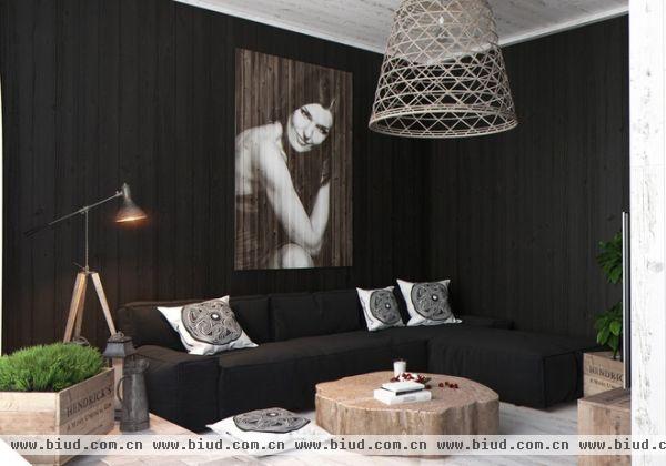 这套摩登的一居室公寓名为“Love at the first touch”，具有张力的黑白灰色彩运用以及木料使用，让空间充满野性的味道，又略带性感，简约的家具将室内呈现出原生态又时尚感强烈。