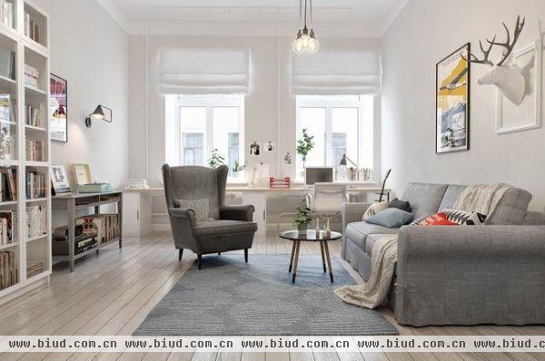这是一间位于圣彼得堡市中心的公寓翻新项目，建筑建于19世纪末期，面积约为102平米，屋主希望内部采用温馨简约的北欧风格，设计师充分利用挑高的空间，配以灰白色的家具，使室内看起来更加的明亮宽敞，用丰富的配饰和小面积亮色的点缀使这里充满家的温馨！