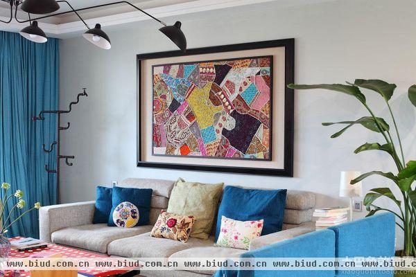 混搭风格室内客厅沙发背景墙抽象装饰画图片