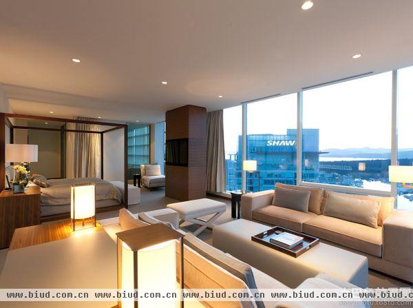 现代简欧客厅卧室一体设计