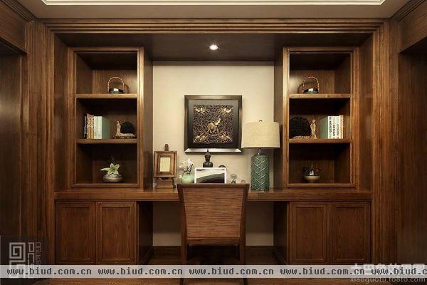 东南亚风格卧室实木书柜书桌组合效果图